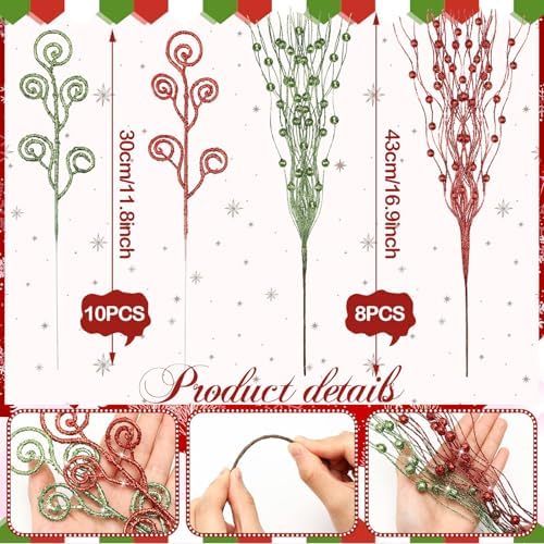 Daifunli 36 Pcs Christmas Tree Picks Sprays Ornaments, Red Green, 17'' 12''