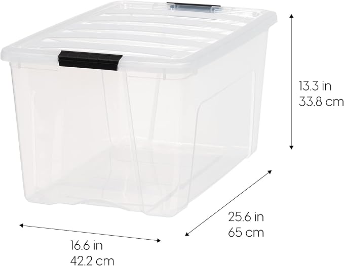 IRIS USA 72 QT Plastic Storage Box with Lid and Latches - 4 Pack - BPA-Free, See-Through Organizing Solution, Durable Nestable Stackable Containers, Secure Pull Handle - Clear