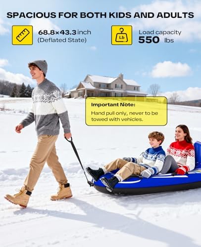 2 Person Snow Sled, Inflatable Heavy Duty Snow Tube for Kids & Adults