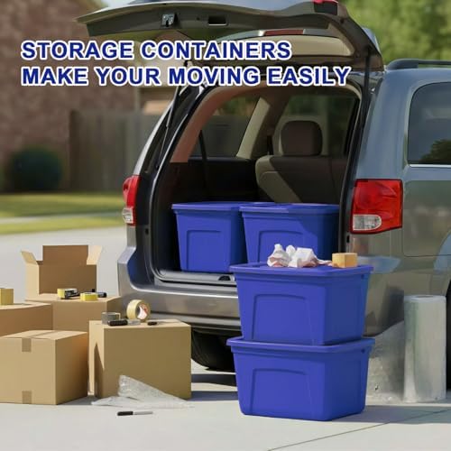 SIMPLYKLEEN Storage Bins with Lids - Made in USA 18-Gallon (72-Quart) 4-Pack Storage Totes with Lids, Plastic Stackable Containers Large Storage Boxes for Home and Office Organization Blue/Blue
