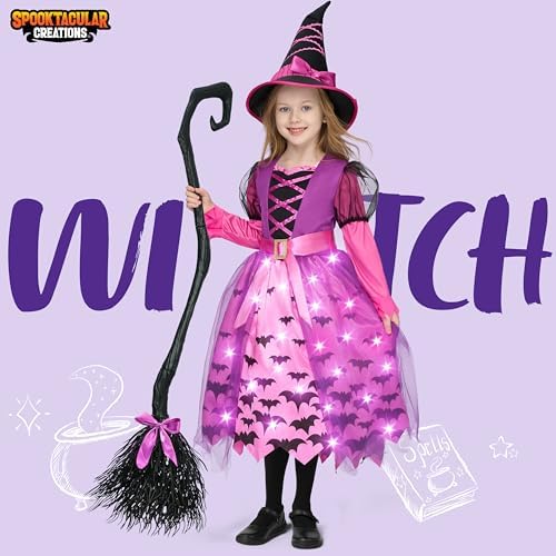 Spooktacular Creations Light Up Polka Dots Witch Tutu Costume for Girls Toddlers Starry Witch Dress with Magic Hat and Broom
