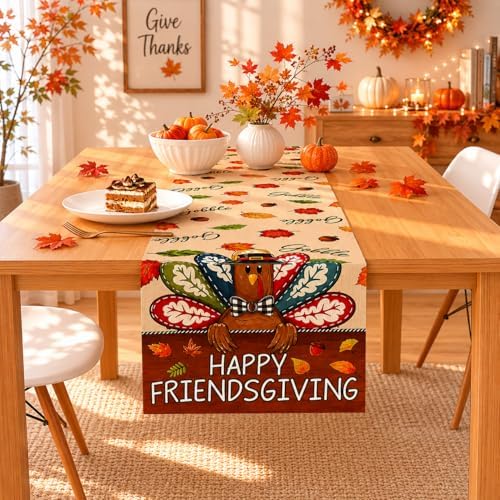 Friendsgiving Party Decorations - Happy Friendsgiving Table Runner | Thanksgiving Table Decor for Indoor Outdoor - Friendsgiving Party Favors Supplies Backdrop for Home Kitchen Dining