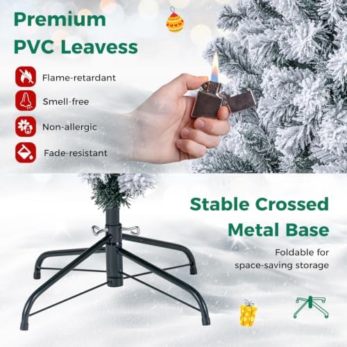 HAPPYGRILL 6FT Pre-Lit Christmas Tree Premium PVC Needles, 600 Branch Tips Flocked Snow Hinged Pine Tree with Solid Metal Stand 250 LED Lights Ideal for Holiday Decoration