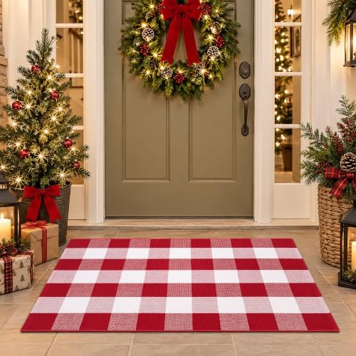 Christmas Red and White Plaid Door Mat, 28 x 43 Inches Cotton Hand-Woven Layered Entry Mat for Front Porch, Entryway, Outdoor Holiday Decor, Washable Buffalo Check Doormat for Home, Patio, Kitchen