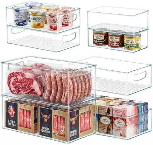 Heyuzb 8 PACK Freezer Organizer Bins Fridge Organizers and Storage Stackable Refrigerator Organizers Bins with Side Handles Clear Storage Bins for Pantry, Under Sink, Kitchen Cabinet