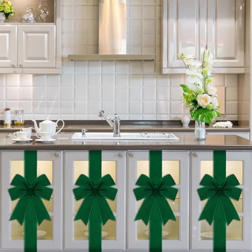 Daifunli 6 Pcs Dark Green Velvet Christmas Cabinet Bows Ribbons for Kitchen