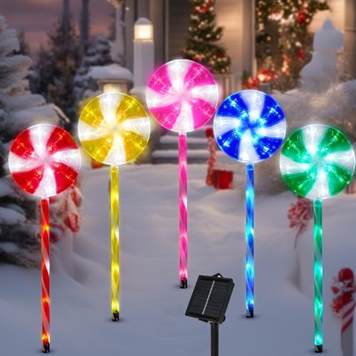 BRIGHTDECK 5 Pack Solar Christmas Pathway Lights, Multi Lollipop Stakes