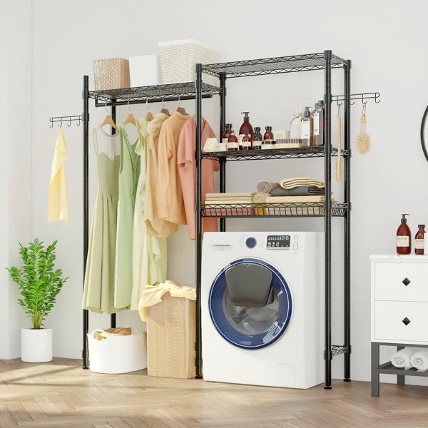 Washer and Dryer Storage Shelf - 3-Tier Metal Garment Rack with Hanging Rod & Net Basket Space Saving Laundry Organizer for Closet Bathroom Adjustable Height