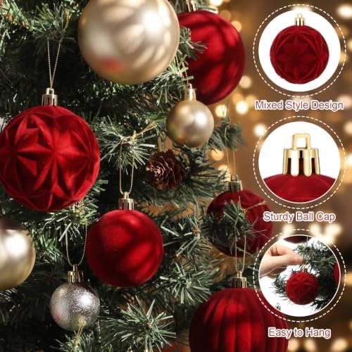 Civaner 52 Pcs Velvet Christmas Ball Ornaments Flocked Christmas Tree Hanging Ornaments 3 Assorted Size Shatterproof Xmas Ball Decorations Set for Xmas Holiday Winter Party Decor(Multicolor)