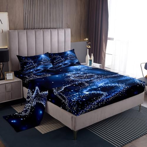 Castle Fairy Christmas Tree Sheet Set Kids Boys Girls Glowing Reindeer Fitted Sheets Set Full Size Bedding Sheet Sets Includes 1 Flat Sheet,1 Fitted Sheet,2 Pillowcases