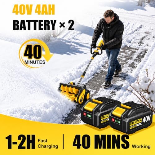 Litekon 80V Brushless Cordless Snow Shovel, 18-Inch Electric Snow Blower with 2X 4.0Ah Batteries Snow Removal with 30FT Throw Distance for Patio, Deck, Driveway,Yellow