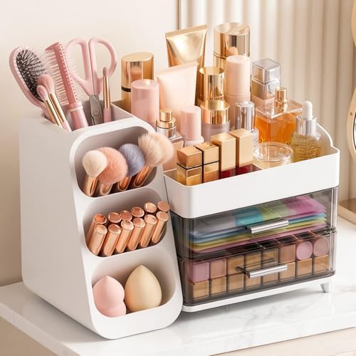 Large Capacity Makeup Organizer Countertop with Makeup Brush Holder for Vanity, Thickened Material, Bathroom Countertop Organizer Skin Care Perfumes Storage, Teen Girl Gifts for 12-23 Year（white）