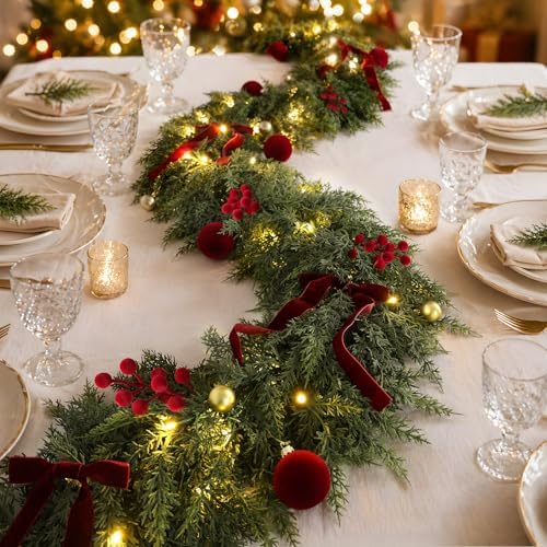 9FT Christmas Garland with Lights Ornaments Realistic Preit Cedar Garland
