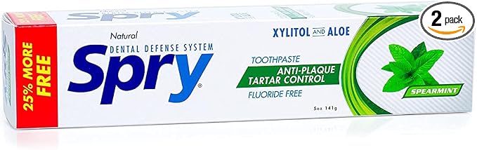 Spry Natural Fluoride Free Xylitol Toothpaste, 5oz Spearmint (Pack of 2) | Gentle for Sensitive Teeth Whitening and Remineralizing, Bad Breath Freshening, Dry Mouth Moisturizing, for Adults and Kids