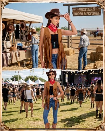 Women Western Cowgirl Outfit 8Pcs Tassel Vest Hat Bandana Jewelry Set
