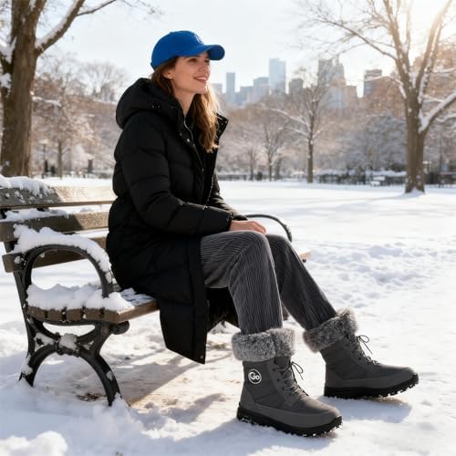 Ablanczoom Winter Snow Boots for Women: Comfortable Warm Fur Lined Womens Boots Outdoor Waterproof Non Slip Lace Up Walking Booties