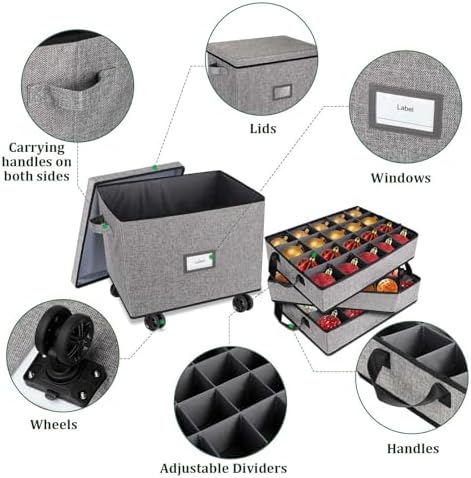 Lukeline Rolling Christmas Ornament Storage Box, Holiday Ornament Organizer with 3 Individual Removable Trays, Large Capacity Christmas Ornament Box with Tow Rope and Double Handles (Grey)