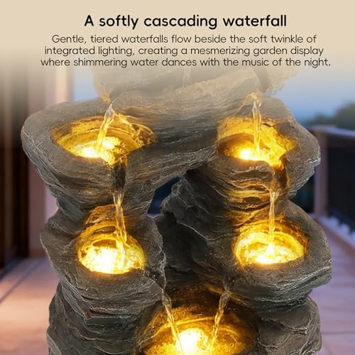 7-Tier Cascading Outdoor Fountain with LED Lights, 23 inch H Fountains and Waterfalls Stone-Look for Garden, Patio, Yard Decor