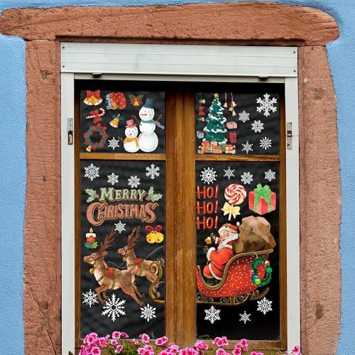 Christmas Party Decorations - Snowflake Window Clings Stickers for Glass | Christmas Decorations Indoor Outdoor - Holiday Santa Claus Reindeer Decals Xmas Decor Party Favors Supplies for Outside 2025