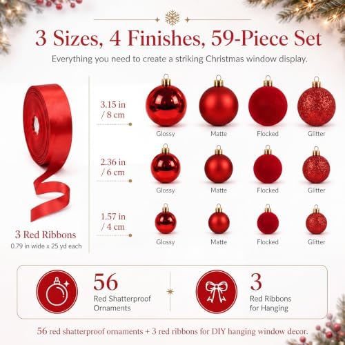 56 Pcs Red Christmas Window Hanging Ball Ornament Window Decorations Set