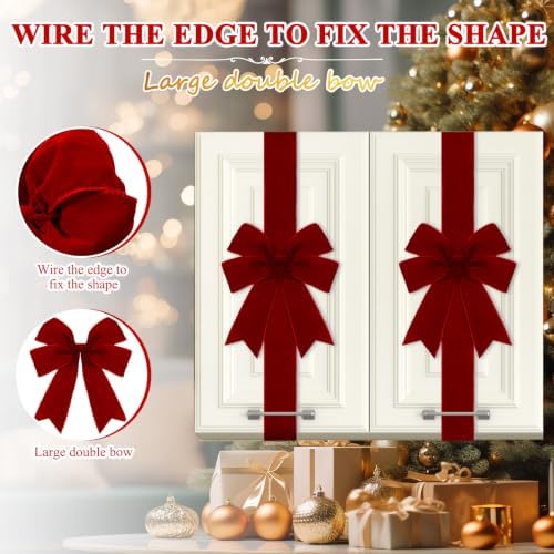 Daifunli 6 Pcs Burgundy Velvet Christmas Cabinet Bows Ribbons for Kitchen