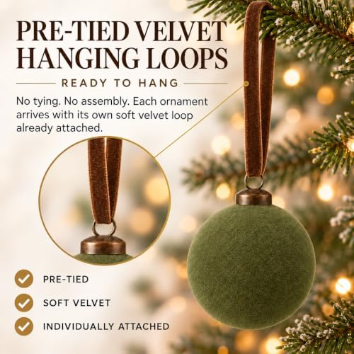 Velvet Flocked Christmas Ornaments Set – Premium Shatterproof Christmas Ball Ornaments with Brass Metal Caps, Assorted Sizes for Christmas Tree, Holiday & Seasonal Home Décor (Green 15pcs)