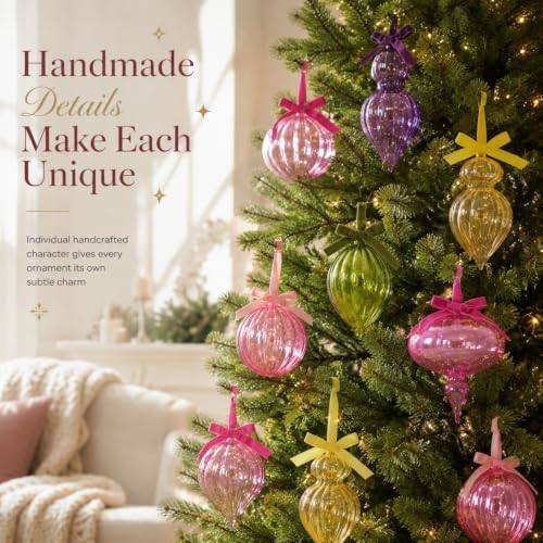 Hungdao 9 Pcs Vintage Colorful Glass Christmas Ornament with Bows, Bright