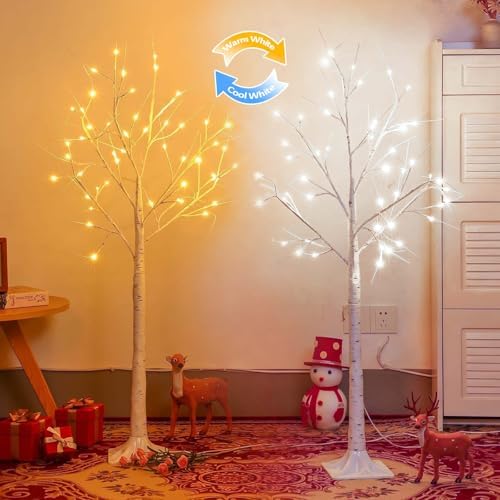 2 Pack 4FT Lighted Birch Trees, Warm White to Cool White Color Changing
