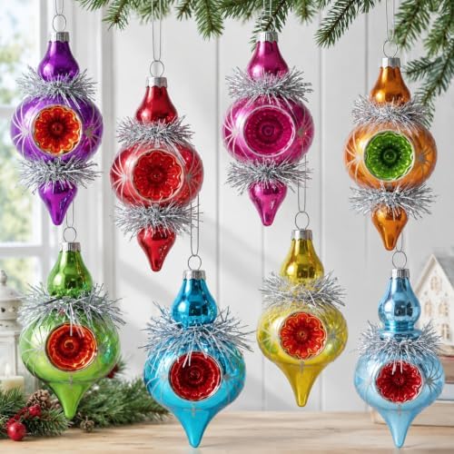 Soulchen 8 Pcs Vintage Glass Christmas Ornaments Reflector for Tree Decor