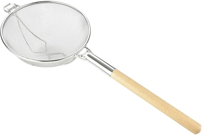 Soro Essentials- 14" Stainless Steel Double Fine Mesh Reinforced Strainer with Wooden Handle- Kitchen Utensil Food Strainer for Cooking Sieve Sifters Rice Quinoa Pasta Fruits Vegetable