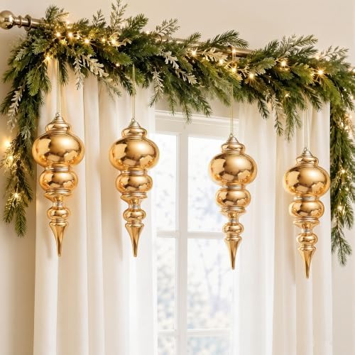 Soulchen 4 Pcs 12" Large Christmas Finial Drop Ornaments, Shiny, Gold