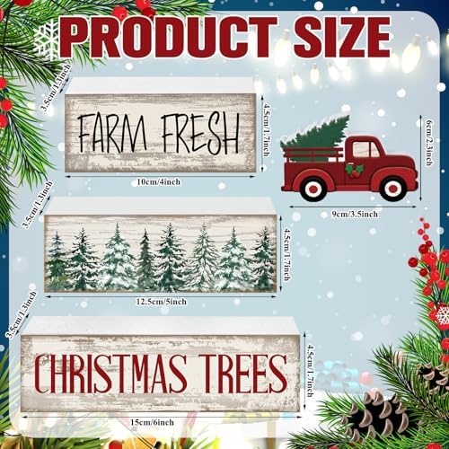 Lineshading 4 Pcs Christmas Table Decor, Red Truck Tree Wood Block Sign
