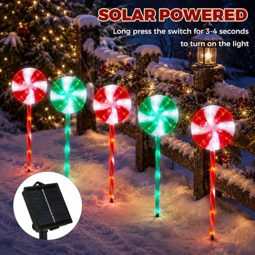 BRIGHTDECK 5 Pack Solar Christmas Pathway Lights, RedGreen Lollipop Stakes