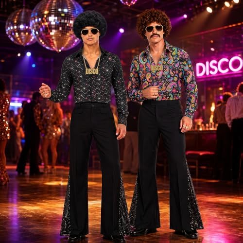 12Pcs 70s Outfits for Men, Disco Costume with Bell Bottom Pants Shirt Set