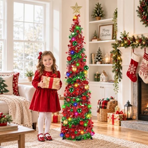 N&T NIETING Pop Up Christmas Tree with Lights & 30 Balls, 5Ft Collapsible Tinsel Tree Decorations for Holiday Home Office Decor, Red & Green