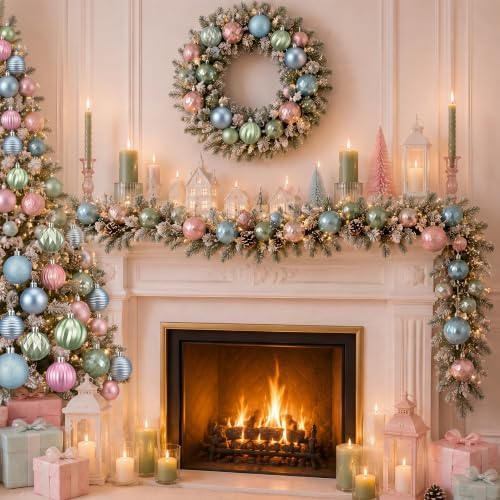 Lunmon 64 Pcs Pastel Christmas Ball Ornament Set Pink Green Blue Baubles