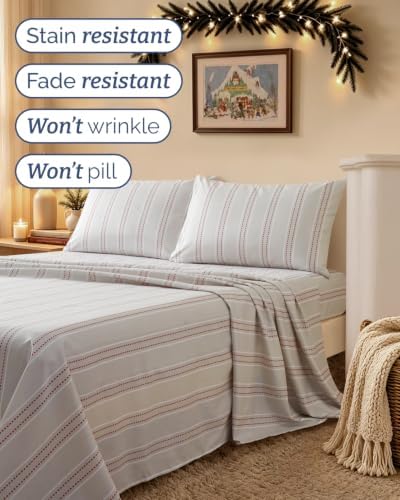 Christmas Sheet Set, Red Dot Stripe, Holiday Xmas Bedding Set - Cal King