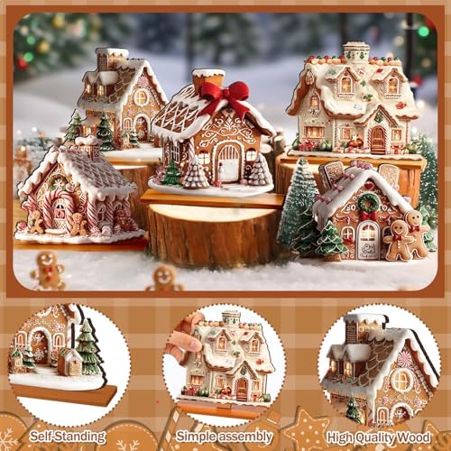 RattanView 5 Pcs Gingerbread Christmas Table Decor, Gingerbread Village Set