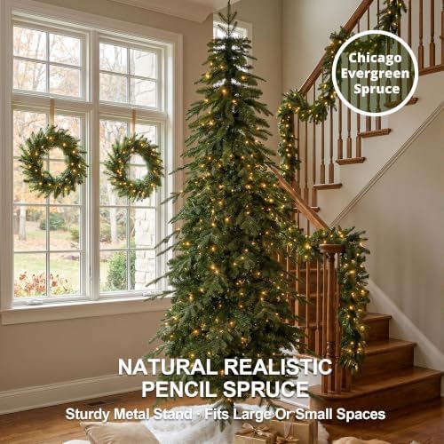 Glitzhome Prelit Christmas Tree, 7.5ft Pencil Artificial Christmas Tree with 350 Warm White & Multi-Color LED Lights, Chicago Evergreen Spruce with 1,498 PE/PVC Tips for Home Holiday Décor