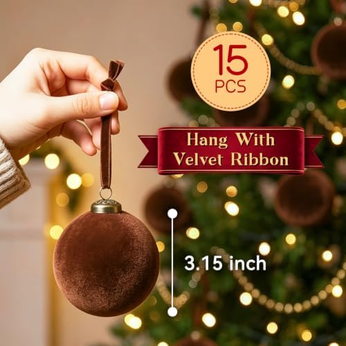 15 Pcs Brown Velvet Christmas Ball Ornaments,3.15 Xmas Hanging Ornaments