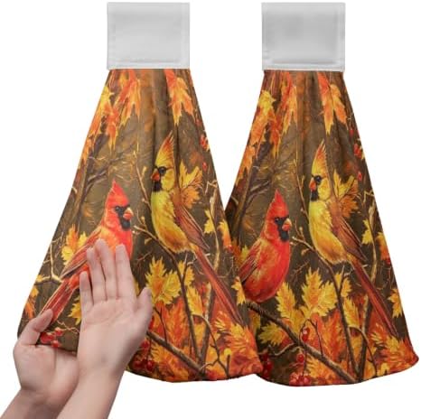 Fall Red Birds Hanging Kitchen Towels Autumn Thanksgiving Maple Leaves Hanging Tie Towels with Hanging Loop Soft Washcloth Bath Dish Towel for Bathroom Decor