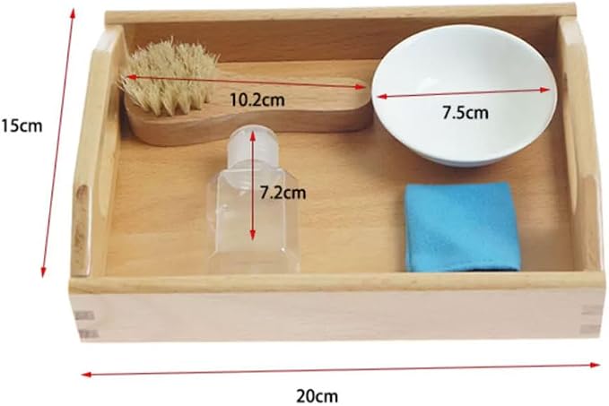 Montessori Shoe Cleaning Practical Life Set, Kids Shoe Washing Work Tray with Wooden Brush, Bowl, Spray Bottle & Cloth