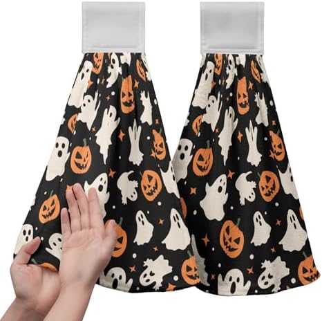 Halloween Ghost Pumpkin Hanging Kitchen Towels Set of 2 Spooky Scary Hand Towels with Hanging Loop Seasonal Holiday Oven Stove Dish Washcloths Soft Absorbent Bath Tie Towel