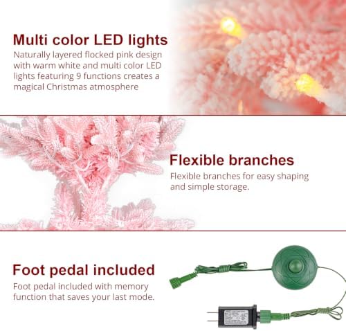 Glitzhome 7.5ft Prelit Artificial Christmas Tree, Slim Pink Frostfall Fir Xmas Tree with 360 Warm White & Multi-Color Lights, 1,486 Branch Tips, Flocked Christmas Tree for Indoor Holiday Spaces