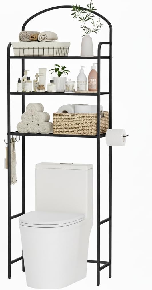 Over The Toilet Storage Rack - 3 Tier Bathroom Organizer with 4 Hooks & Paper Holder - Space Saving Metal Shelf for Bathroom - Black Toilet Storage