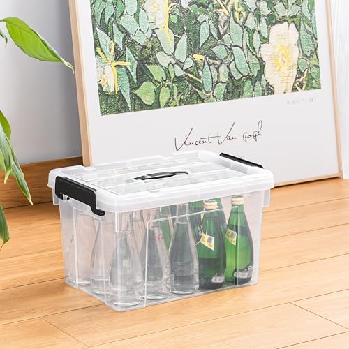 Cetomo Lidded Storage Bin with Handle, Storage Bins with Lid, Organizing Container with Secure Latching Buckles, Stackable and Nestable, Plastic, 25 Quart-4 Pack, Clear