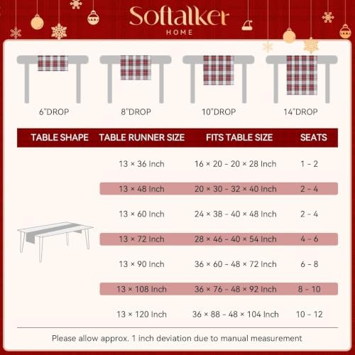 Softalker Christmas Checkered Table Runner, Red and White, 13 x 120 Inch