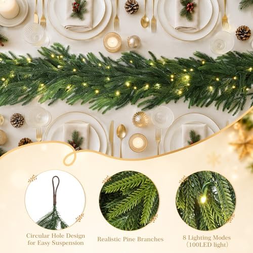 N&T NIETING 15FT Christmas Norfolk Pine Pre-Lit Garland with 125 LED Lights Real Touch Prelit Garland Christmas Greenery Garland for Table Mantle Fireplace Stairs Indoor Outdoor Xmas Decorations