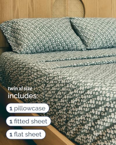 Twin XL 3 Piece Floral Sheet Set - Breathable & Cooling - Green Meadow