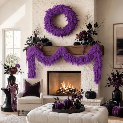 9Ft Halloween Cedar Garland,Purple Real Touch Soft Christmas Decorations